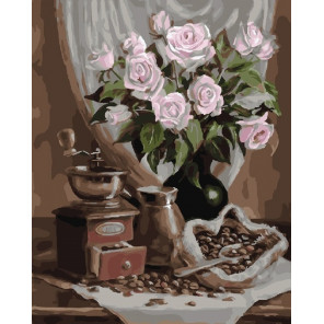  Кофейный натюрморт с розами Раскраска картина по номерам на холсте CG934