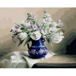 Нежный букет в синей вазе Раскраска картина по номерам на холсте CG884