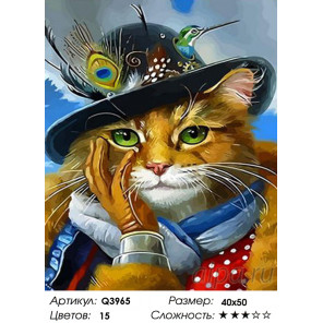  Кот в шляпе с птичкой колибри Раскраска картина по номерам на холсте Q3965