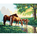 Семья лошадей у ручья Раскраска картина по номерам на холсте